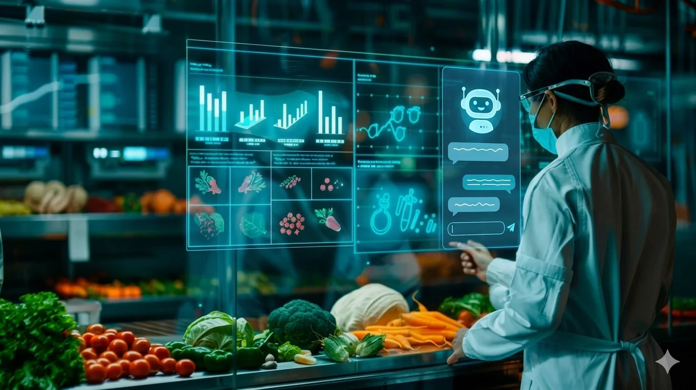 Profesional de inocuidad alimentaria usando tecnología digital para análisis de alimentos